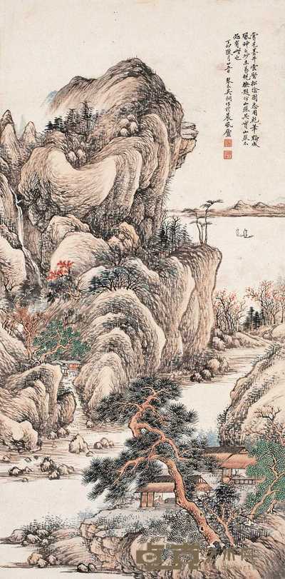 吴琴木 丁卯（1927年）作 秋山村舍图 轴 106×53cm